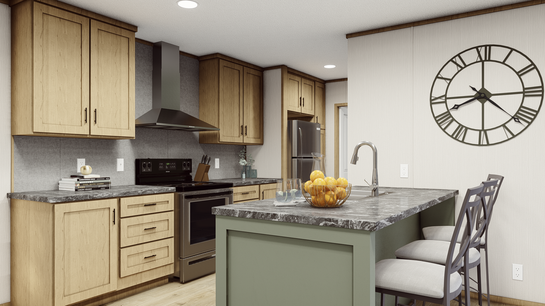 The CLARK   16X66 Kitchen. This Manufactured Mobile Home features 3 bedrooms and 2 baths.